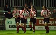 16 November 2001; Padraig Moran of Derry City, is celebrates with team-mates after scoring a goal during the eircom League Premier Division match between Shamrock Rovers and Derry City at Richmond Park in Dublin. Photo by Matt Browne/Sportsfile