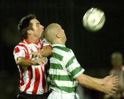 16 November 2001; Tony Grant of Shamrock Rovers in action against Darren Kelly of Derry City during the eircom League Premier Division match between Shamrock Rovers and Derry City at Richmond Park in Dublin. Photo by Matt Browne/Sportsfile
