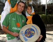 15 November 2001; Irish fans brother and sister Clodagh and Lorcan O'Rourke from Omagh, Louth, who arrived in from Abu Dhabi , UAE,  pictured at the Estegal Grand Hotel in Tehran, Iran, ahead of the Iran v Republic of Ireland - 2002 FIFA World Cup Qualification Play-Off Final Second Leg. Photo by Ray McManus/Sportsfile