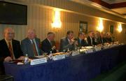 17 November 2001; GAA President, Sean McCague, 4th from left, prepares to start the Special GAA Congress to discuss a motion for the abolition of &quot;Rule 21&quot; at the Citywest Hotel in  Saggart, Dublin. Photo by Ray McManus/Sportsfile