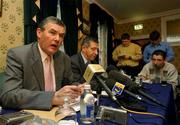 17 November 2001; GAA President Sean McCague with Ard Stiúrthóir Liam Mulvihill to his left, at the press conference following the Special GAA Congress to discuss a motion for the abolition of &quot;Rule 21&quot; at the Citywest Hotel in  Saggart, Dublin. Photo by Ray McManus/Sportsfile