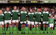 11 November 2001; Ireland players, from left, Peter Stringer, Mick Galwey, Gary Longwell, John Hayes, Frank Sheahan, Emmet Byrne and Anthony Foley, captain, stand for the National Anthem ahead of the International Rugby match between Ireland and Samoa at Lansdowne Road in Dublin. Photo by Matt Browne/Sportsfile