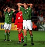 10 November 2001; Republic of Ireland Niall Quinn, right, and Jason McAteer, far left, react to a missed chance during the 2002 FIFA World Cup Qualification Play-Off Final First Leg match between Republic of Ireland and Iran at Lansdowne Road in Dublin. Photo by Brendan Moran/Sportsfile