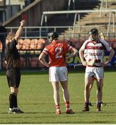 23 October 2016; Paul Gillan of Loughgiel Shamrocks receives a red card from referee James Clarke during the AIB Ulster GAA Hurling Senior Club Championship Final game between Loughgiel Shamrocks and Slaughtneil Emmetts at the Athletic Grounds in Armagh. Photo by Philip Fitzpatrick/Sportsfile