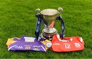 24 October 2016; A general view of the New Ireland Assurance Company Perpetual Challenge Cup with the jerseys of Kilmacud Crokes and Cuala at the Dublin Senior Hurling Championship Final Preview ahead of the final which takes place on Saturday 29th October at 3.00pm at Parnell Park in Dublin. Photo by Piaras Ó Mídheach/Sportsfile