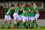 26 October 2016; Alannah McEvoy, hidden, of Republic of Ireland celebrates with team mates after scoring her side's second goal during the UEFA European Women's U17 Championship Qualifier match between Republic of Ireland and Faroe Islands at Turners Cross in Cork. Photo by Eóin Noonan/Sportsfile