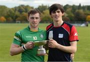 22 October 2016; Ireland's Ryan McCambridge, left, and Ger Walsh, both of Antrim, with the cup after the 2016 U21 Hurling/Shinty International Series match between Ireland and Scotland at Bught Park in Inverness, Scotland. Photo by Piaras Ó Mídheach/Sportsfile