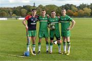 22 October 2016; Ireland players, from left, Conor Shaw, Seán Whelan, Philip Lucid and Dion Wall with the cup after the 2016 U21 Hurling/Shinty International Series match between Ireland and Scotland at Bught Park in Inverness, Scotland. Photo by Piaras Ó Mídheach/Sportsfile