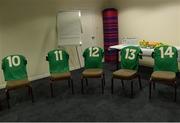 22 October 2016; A general view of Ireland jerseys at the Palace Hotel before a pre-match meeting prior to the 2016 U21 Hurling/Shinty International Series match between Ireland and Scotland at Bught Park in Inverness, Scotland. Photo by Piaras Ó Mídheach/Sportsfile
