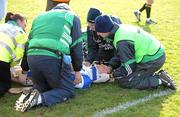 13 March 2011; Laois goalkeeper Patrick Mullaney receives medical attention before being stretchered off the pitch. Allianz Hurling League, Division 2, Round 4, Limerick v Laois, Gaelic Grounds, Limerick. Picture credit: Diarmuid Greene / SPORTSFILE