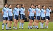 13 March 2011; Dublin players, from left to right, Diarmuid Connolly, Kevin McManamon, Paul Casey, Denis Bastick, Barry Cahill, Michael Daragh McAuley, Paul Flynn, Bernard Brogan and Declan Lally stand for the National Anthem. Allianz Football League, Division 1, Round 4, Monaghan v Dublin, St Tiernach's Park, Clones, Co. Monaghan. Picture credit: Oliver McVeigh / SPORTSFILE