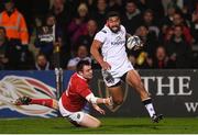 28 October 2016; Charles Piutau of Ulster beats the tackle of Niall Scannell of Munster to score his side's first try of the game during the Guinness PRO12 Round 7 match between Ulster and Munster at Kingspan Stadium, Ravenhill Park in Belfast. Photo by Ramsey Cardy/Sportsfile