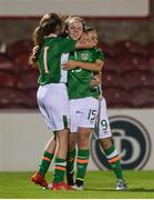 28 October 2016; Carla Mcmanus of the Republic of Ireland celebrates with teammates Heather Payne, left, and Alannah Mcevoy after scoring her side's first goal during the UEFA European Women's U17 Championship Qualifier match between Republic of Ireland and Belarus at Turner's Cross in Cork. Photo by Eóin Noonan/Sportsfile
