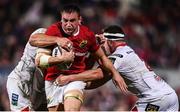 28 October 2016; Tommy O'Donnell of Munster is tackled by Wiehahn Herbst, left, and Rob Herring of Ulster during the Guinness PRO12 Round 7 match between Ulster and Munster at Kingspan Stadium, Ravenhill Park in Belfast. Photo by Stephen McCarthy/Sportsfile