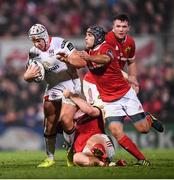 28 October 2016; Luke Marshall of Ulster is tackled by Duncan Williams, right, and Rory Scannell of Munster during the Guinness PRO12 Round 7 match between Ulster and Munster at Kingspan Stadium, Ravenhill Park in Belfast. Photo by Stephen McCarthy/Sportsfile