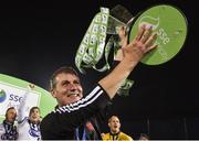 28 October 2016; Dundalk manager Stephen Kenny celebrates with the trophy after the SSE Airtricity League Premier Division match between Dundalk and Galway United at Oriel Park in Dundalk Co Louth. Photo by David Maher/Sportsfile