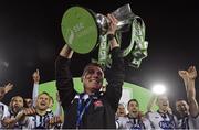 28 October 2016; Dundalk manager Stephen Kenny lifts the SSE Airtricity League Premier Division trophy after the SSE Airtricity League Premier Division match between Dundalk and Galway United at Oriel Park in Dundalk Co Louth. Photo by David Maher/Sportsfile