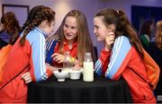29 October 2016; Megan Gallagher, from left, age 13, from Monivea, Co Galway, Erin Dolan, age 13, from Craughwell, Co Galway, and Eibhlin Ni Fhlatharta, age 13, from Monivea, Co Galway, chat during the GAA Youth Forum 2016 at Croke Park in Dublin. Photo by Cody Glenn/Sportsfile