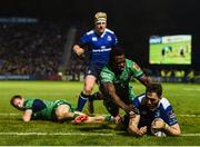 29 October 2016; Barry Daly of Leinster goes over to score his side's second try despite the tackle of Niyi Adeolokun of Connacht during the Guinness PRO12 Round 7 match between Leinster and Connacht at the RDS Arena, Ballsbridge, in Dublin. Photo by Stephen McCarthy/Sportsfile