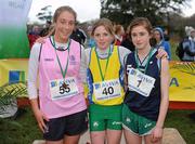 16 February 2011; Podium finishers, from left, Sarah Hawkshaw, Mount Sackville, third place, Siofra Cleirigh Buttner, Colaiste Iosagain, first place, and Linda Conroy, Mercy Kilbeggan, second place, following the Intermediate Girls event at the Aviva Leinster Schools Cross Country. Santry Demesne, Santry, Dublin. Picture credit: Stephen McCarthy / SPORTSFILE