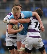 4 March 2011; Donagh Lawler, St. Michael’s College, in action against Max McFarland, left, and David Quirke, Clongowes Wood College SJ. Powerade Leinster Schools Senior Cup Semi-Final, St. Michael’s College v Clongowes Wood College SJ, Donnybrook Stadium, Donnybrook, Dublin. Picture credit: Stephen McCarthy / SPORTSFILE