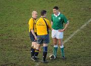 19 February 2011; Referee George Clancy in conversation with his sub referee Gary Glennon and touch judge Brendan Conroy. Ulster Bank League Division 1A, Blackrock v Young Munster, Stradbrook Road, Blackrock, Dublin. Picture credit: Stephen McCarthy / SPORTSFILE