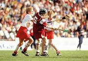 22 September 1996; Pamela Nevin, Galway, in action against Therese O'Callaghan, left, and Linda Mellerick, Cork. All-Ireland Senior Camogie Championship Final, Cork v Galway, Croke Park, Dublin. Picture credit: Ray McManus / SPORTSFILE