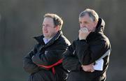 16 March 2011; Operations director of Ulster Rugby David Humphreys, left, and Ulster head coach Brian McLaughlin watch the game. Interprovincial fixture, Ulster Ravens v Munster A, Shaw's Bridge, Belfast, Co. Antrim. Picture credit: Oliver McVeigh / SPORTSFILE
