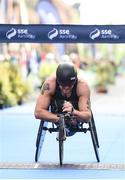30 October 2016; Patrick Monahan from Co. Kildare crosses the line to win the Wheelchair race during the SSE Airtricity Dublin Marathon 2016 at Merrion Square in Dublin City. 19,500 runners took to the Fitzwilliam Square start line to participate in the 37th running of the SSE Airtricity Dublin Marathon, making it the fourth largest marathon in Europe. Photo by Stephen McCarthy/Sportsfile