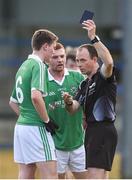 30 October 2016;  Referee John Hickey shows the black card to Eóin Buggie, no.6 of Stradbally during the AIB Leinster GAA Football Senior Club Championship first round game between St Columbas Mullinalaghta and Stradbally at Glennon Brothers Pearse Park in Longford. Photo by David Maher/Sportsfile