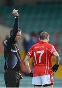 30 October 2016; Finbar Nash of Monaleen is shown a black card by referee Rory Hickey during the AIB Munster GAA Football Senior Club Championship quarter-final game between Monaleen and Carbery Rangers at Gaelic Grounds in Limerick. Photo by Eóin Noonan/Sportsfile