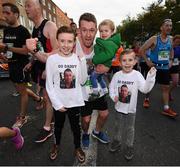 30 October 2016; Darren Carter, from Omagh, Co. Tyrone, with his sons, from left, Patrick, age 8, Dylan, age 2, and Luke, age 6, following the SSE Airtricity Dublin Marathon 2016 in Dublin City. 19,500 runners took to the Fitzwilliam Square start line to participate in the 37th running of the SSE Airtricity Dublin Marathon, making it the fourth largest marathon in Europe. Photo by Stephen McCarthy/Sportsfile