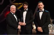 3 November 2017; Mayo hurler Ger McManus is presented with his Christy Ring Champion 15 award by Uachtarán Chumann Lúthchleas Gael Aogán Ó Fearghail, left, and David Collins, GPA President, during the PwC All Stars 2017 at the Convention Centre in Dublin. Photo by Piaras Ó Mídheach/Sportsfile