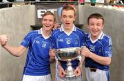 17 March 2011; Caolan Mooney, Tomas Mulholland and Patrick Morgan, St Colman's, Newry, celebrate with the MacRory Cup . BT MacRory Cup Final 2011, St Colman's, Newry v St Patrick's Academy, Athletic Grounds, Armagh. Picture credit: Oliver McVeigh / SPORTSFILE