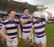 17 March 2011; Clongowes Wood College SJ players, from left, Harry Bruns, Jordan Coghlan and Jamie Glynn celebrate their side's victory. Powerade Leinster Schools Senior Cup Final, Cistercian College Roscrea v Clongowes Wood College SJ, RDS, Ballsbridge, Dublin. Picture credit: Stephen McCarthy / SPORTSFILE