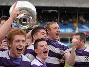 17 March 2011; Clongowes Wood College SJ captain Conor Gilsenan celebrate with the trophy. Powerade Leinster Schools Senior Cup Final, Cistercian College Roscrea v Clongowes Wood College SJ, RDS, Ballsbridge, Dublin. Picture credit: Stephen McCarthy / SPORTSFILE