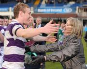 17 March 2011; Clongowes Wood College SJ captain Conor Gilsenan is embraced by his mother Joan following his side's victory. Powerade Leinster Schools Senior Cup Final, Cistercian College Roscrea v Clongowes Wood College SJ, RDS, Ballsbridge, Dublin. Picture credit: Stephen McCarthy / SPORTSFILE