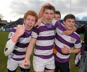 17 March 2011; Clongowes Wood College SJ players, from left, Harry Burns, Nick McMcCarthy and former player Oscar O'Sulleabhain celebrate their side's victory. Powerade Leinster Schools Senior Cup Final, Cistercian College Roscrea v Clongowes Wood College SJ, RDS, Ballsbridge, Dublin. Picture credit: Stephen McCarthy / SPORTSFILE