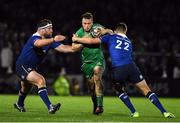 29 October 2016; Jack Carty of Connacht is tackled by Michael Bent, left, and Ross Byrne of Leinster during the Guinness PRO12 Round 7 match between Leinster and Connacht at the RDS Arena, Ballsbridge, in Dublin. Photo by Ramsey Cardy/Sportsfile