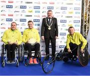 30 October 2016; Winner of the men's wheelchair race Patrick Monahan, from Kildare, with second place Richie Powell, from Carmarthen, Wales, left, and third place John McCarthy, from Dunmanway, Co. Cork, right, in the company of Lord Mayor of Dublin, Brendan Carr, following the SSE Airtricity Dublin Marathon 2016 at Merrion Square in Dublin City. 19,500 runners took to the Fitzwilliam Square start line to participate in the 37th running of the SSE Airtricity Dublin Marathon, making it the fourth largest marathon in Europe. Photo by Stephen McCarthy/Sportsfile