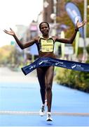 30 October 2016; Helalia Johannes from Nambia crosses the line to win the SSE Airtricity Dublin Marathon 2016 at Merrion Square in Dublin City. 19,500 runners took to the Fitzwilliam Square start line to participate in the 37th running of the SSE Airtricity Dublin Marathon, making it the fourth largest marathon in Europe. Photo by Stephen McCarthy/Sportsfile