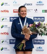 30 October 2016; Caitriona Jennings, from Letterkenny, Co. Donegal, after being presented with her Irish Women's National Marathon Championship second place medal following the SSE Airtricity Dublin Marathon 2016 in Dublin City. 19,500 runners took to the Fitzwilliam Square start line to participate in the 37th running of the SSE Airtricity Dublin Marathon, making it the fourth largest marathon in Europe. Photo by Stephen McCarthy/Sportsfile