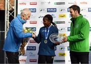 30 October 2016; Winner of the women's race Helalia Johannes of Namibia with race director Jim Aughney, left, and Ronan Brady, Head of Marketing, SSE Airtricity, following the SSE Airtricity Dublin Marathon 2016 in Dublin City. 19,500 runners took to the Fitzwilliam Square start line to participate in the 37th running of the SSE Airtricity Dublin Marathon, making it the fourth largest marathon in Europe. Photo by Stephen McCarthy/Sportsfile