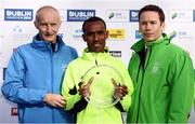 30 October 2016; Race winner Dereje Debele Tulu of Ethiopia with race director Jim Aughney, left, and Ronan Brady, Head of Marketing, SSE Airtricity, following the SSE Airtricity Dublin Marathon 2016 in Dublin City. 19,500 runners took to the Fitzwilliam Square start line to participate in the 37th running of the SSE Airtricity Dublin Marathon, making it the fourth largest marathon in Europe. Photo by Stephen McCarthy/Sportsfile