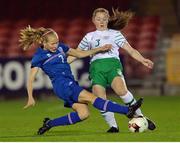 31 October 2016; Lauryn Grier of the Republic of Ireland in action against Hlín Eiríksdóttir of Iceland during the UEFA European Women's U17 Championship Qualifier match between the Republic of Ireland and Iceland at Turner's Cross in Cork. Photo by Eóin Noonan/Sportsfile