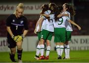 31 October 2016; Carla McManus, hidden, of the Republic of Ireland celebrates after scoring her side's first goal during the UEFA European Women's U17 Championship Qualifier match between the Republic of Ireland and Iceland at Turner's Cross in Cork. Photo by Eóin Noonan/Sportsfile