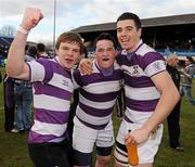 17 March 2011; Clongowes Wood College SJ players, from left, former player Oscar O'Sulleabhain, Diarmuid Kennedy and Jordan Coghlan celebrate their side's victory. Powerade Leinster Schools Senior Cup Final, Cistercian College Roscrea v Clongowes Wood College SJ, RDS, Ballsbridge, Dublin. Picture credit: Stephen McCarthy / SPORTSFILE