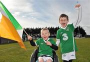 19 March 2011; Ireland mascots James Casserly, aged 5, left, and Liam Montgomery, aged 7, both from Lucan, Co. Dublin, show their support before the game. CP Invitational Tournament, Ireland v Scotland, St. Francis FC, John Hyland Park, Baldonnel, Dublin. Picture credit: Diarmuid Greene / SPORTSFILE