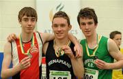 19 March 2011; Winner of the U18s boys 60m final Tony Stafford, Menapians AC, Co. Wexford, centre, with second place Mark McGarvey, City of Derry, left, and third place John Halley, Ferrybank AC, Co. Waterford. Woodie’s DIY National Juvenile Indoor Championships, Meadowbank Indoor Arena, Magherafelt, Derry. Picture credit: Oliver McVeigh / SPORTSFILE