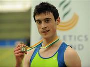 19 March 2011; Peter Gaffney, from Metro/St Brigids AC, Dublin, winner of the U19 boys 1500m final. Woodie’s DIY National Juvenile Indoor Championships, Meadowbank Indoor Arena, Magherafelt, Derry. Picture credit: Oliver McVeigh / SPORTSFILE